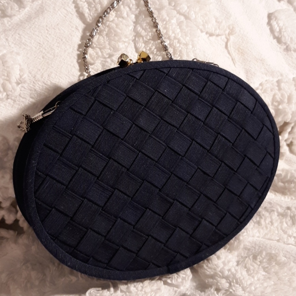 Vanessa Navy Woven Oval Clutch